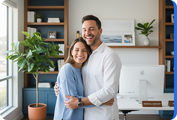 Un couple souriant s’enlace dans un intérieur moderne avec un bureau et des plantes. L’image évoque la satisfaction et la tranquillité financière, en lien avec les services de Mijnvergelijker.be.